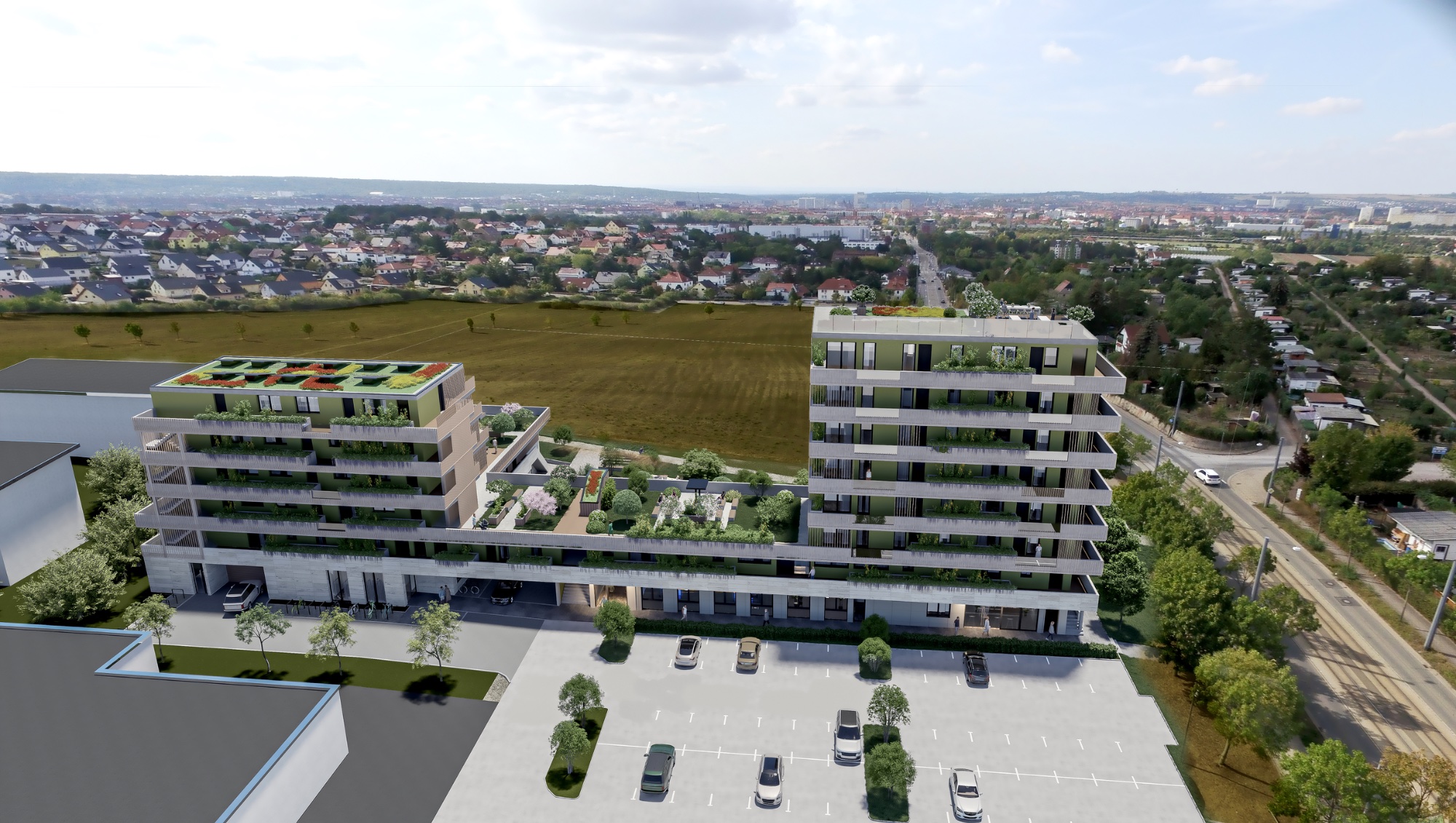 Luftbild des Quartiers mit begrünten Dächern